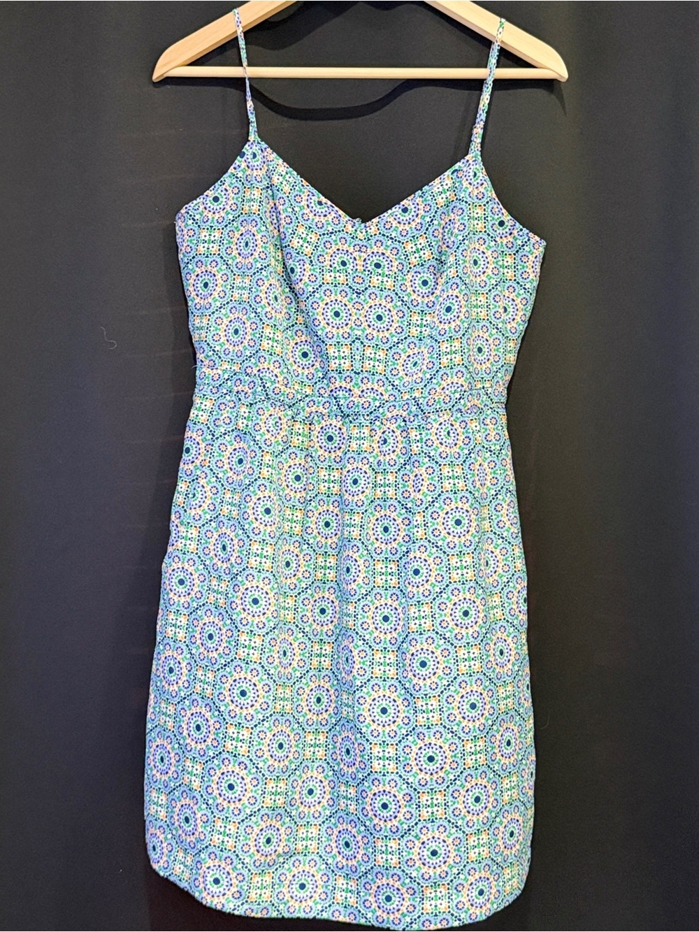 J. Crew Green, Blue & Yellow Mosaic Print Spaghetti-Strap y2k Camisole Dress